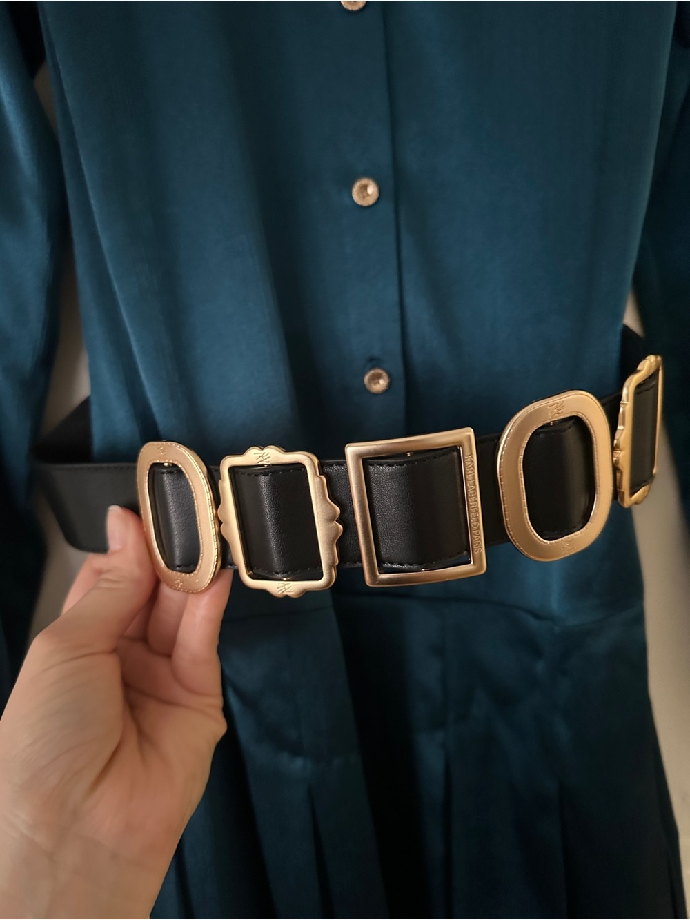 Karl Lagerfeld Teal Satin Long-Sleeve Button-Down Belted Midi Shirt Dress - Picture 7 of 15